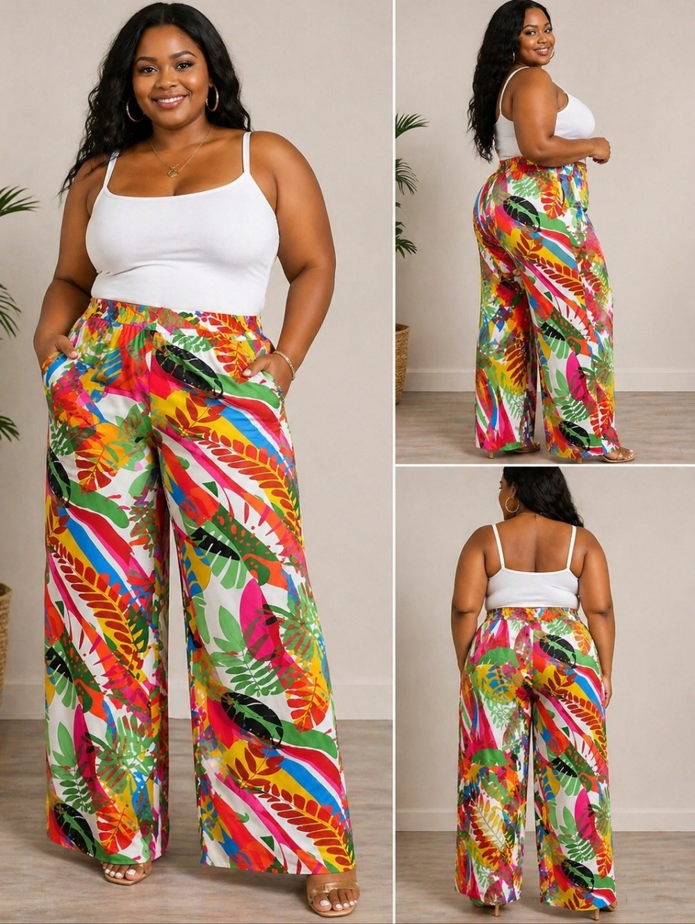 Wide-Leg Tropical Palazzo Print Pants - Multicolor